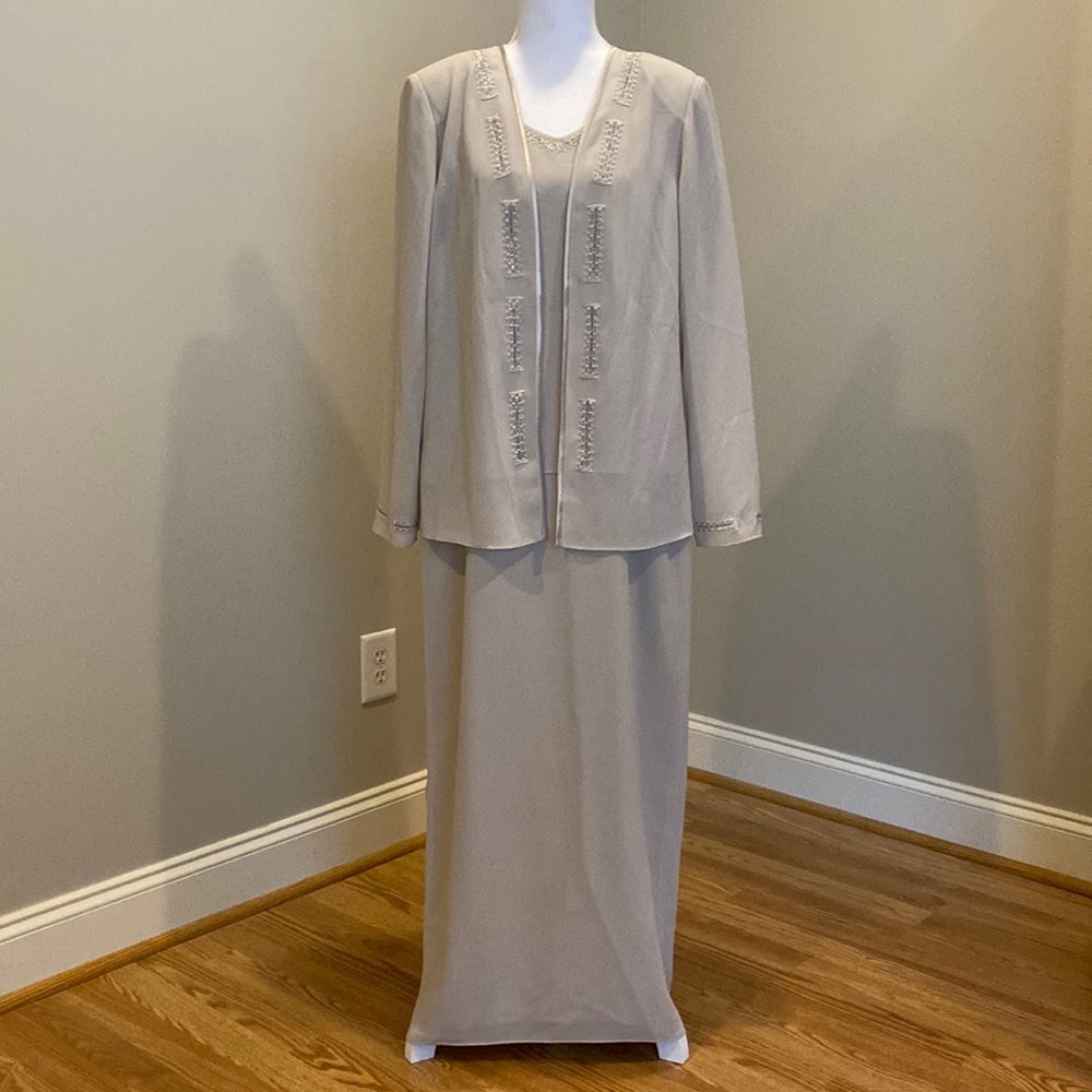 Champagne Evening Dress with Long-sleeve Jacket and Beaded, Sequin Details